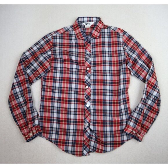 VINTAGE WOMEN'S RED WHITE BLUE PLAID LONG SLEEVE BUTTON-UP TOP - TRY 1 - SIZE 9 - Picture 1 of 8